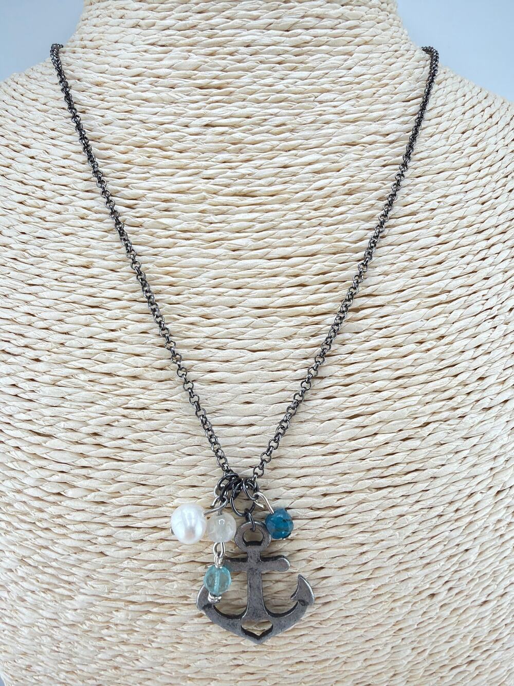Silver Tone Anchor Heart Pendant Necklace with Pearl and Gemstone Beads